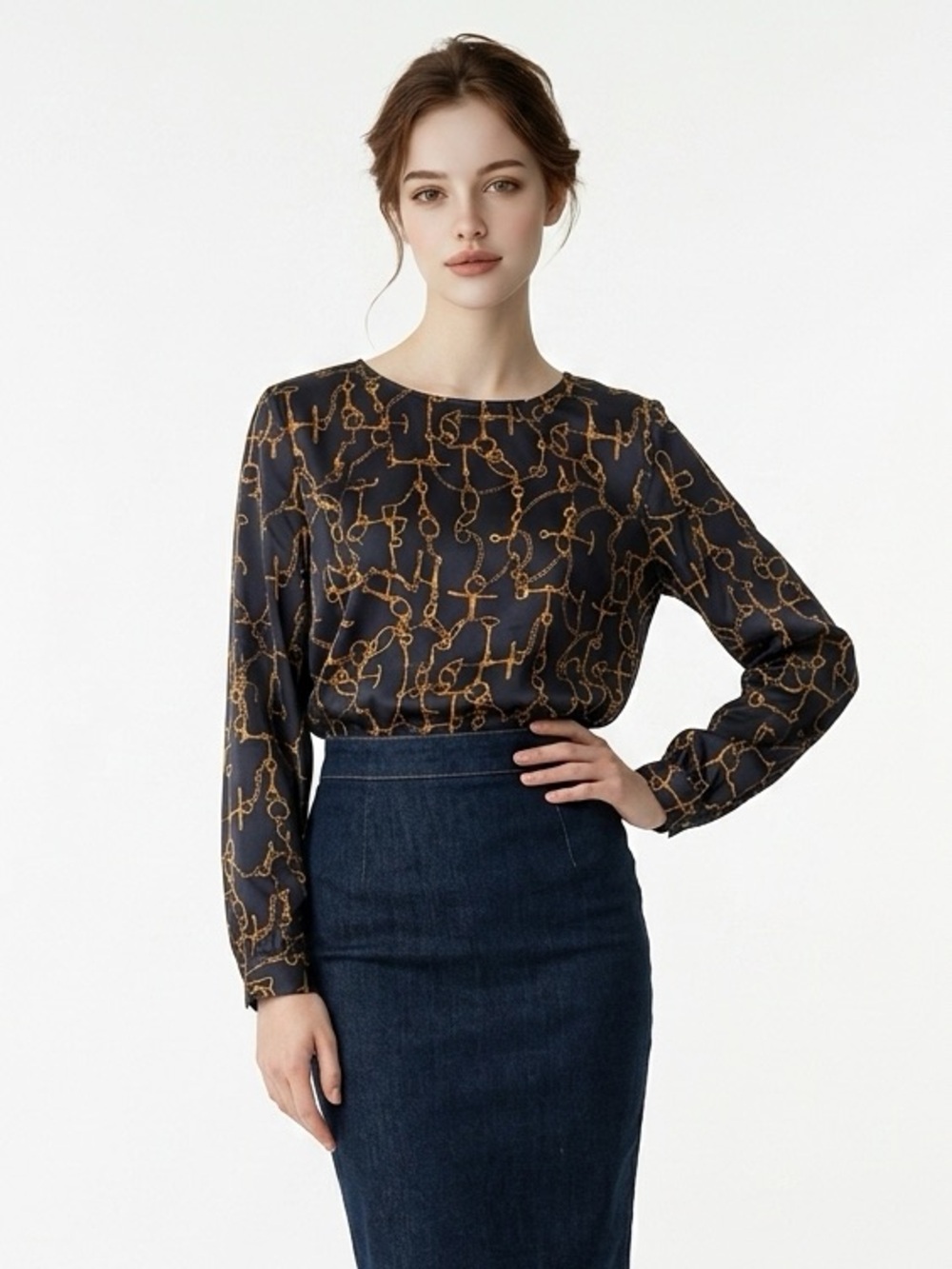 Talbots Luxury Retro Black Blouse with Gold Chain Print Size 8 168